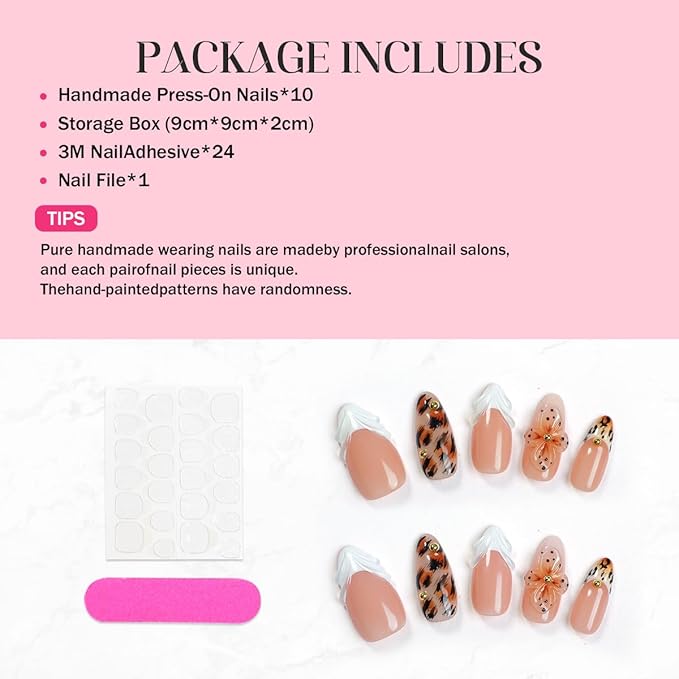 Handmade Press On Nails Almond - Short Tortoiseshell Water Ripple Design Fake Nails with French Tips, Salon Quality | 3 Sizes - 10 Acrylic Nail Kit, Fall/Winter Gift for Women