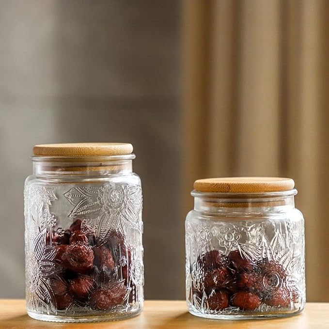Set of 4 Vintage Glass Airtight Storage Jars, 17 FL OZ Glass Storage Containers with Bamboo Lids, Canning Jar for Kitchen Counter, Pantry, Cookie, Coffee, Tea, Sugar, Cute Jars | Glass Food Storage Containers for Coffee, Tea, Sugar, Candy, Cookie, Over...