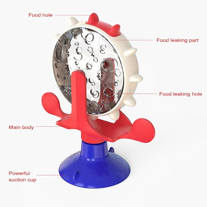 Interactive Cat Slow Feeder, Rotating Durable Dog Puzzle Toy, Mental Stimulation Treat Dispenser with Powerful Suction Cups for Cats and Dogs (Red Blue)
