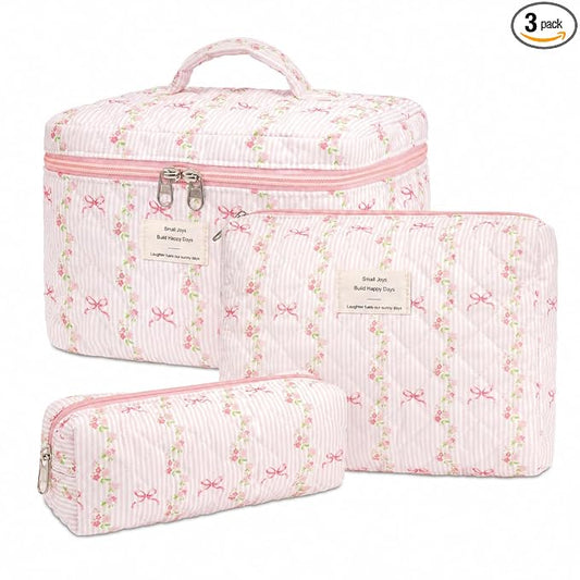 honitty Makeup Bag,Quilted Cosmetic Bags,Large Floral Make Up Organize bag,Makeup Bag Set for Women,Flower Travel Toiletry Bag