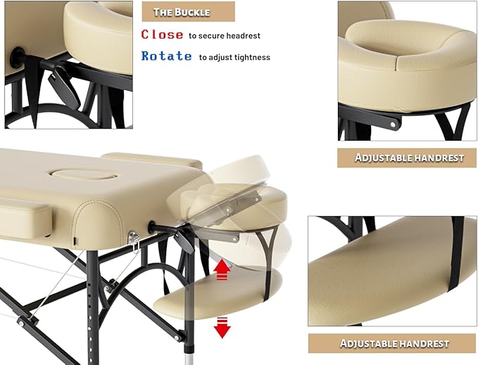 Professional Massage Table Portable 3 Fold Premium Memory Foam Aluminium Leg Hold Up to 1100LBS 8 Heights Adjustable with Carrying Bag Cream