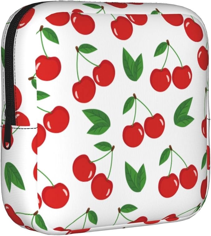 Cherry Red Cherries Leaves Leaf Fruit White Period Bag For Women,Portable Sanitary Napkin Period Pad Pouch For Purse, Small Make Up Bags