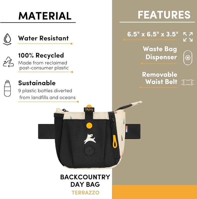 OllyDog Backcountry Day Bag | Dog Training Treat Pouch | Eco-Friendly Recycled Fabric Fanny Pack with Zipper Closure, Built-in Poop Bag Dispenser & Adjustable Waist Belt (Terrazzo)
