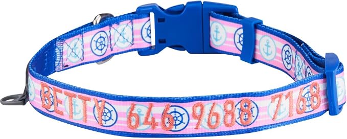 Blueberry Pet Essentials 8 Patterns Personalized Dog Collar, Nautical Navy Sailor, Medium, Adjustable Customized ID Collars for Medium Dogs Embroidered with Pet Name & Phone Number