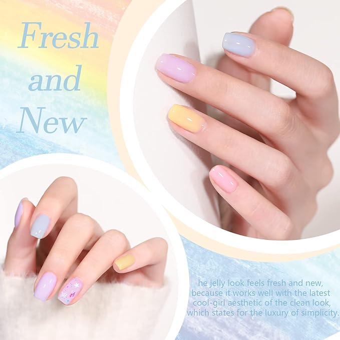 Beautpal Pastel Jelly Gel Nail Polish Set Spring Summer Milky Gel Polish Kit Semi-transparent Pink Blue Green Yellow Soak Off UV Gel Polish 7ML 10PCS