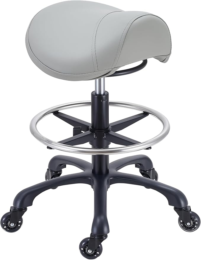 Saddle Salon Stool with Footrest,Heavy Duty, Adjustable Height, Rolling Esthetician Chair for Tattoo Spa Medical Dentist Clinic(Gray)