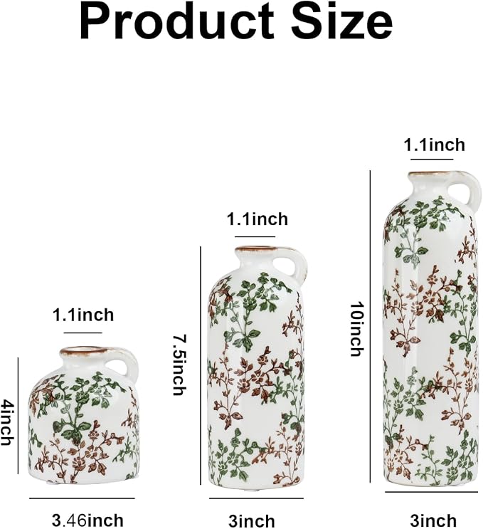 Green Floral Vase Set of 3 with Handles, Vintage Ceramic Jugs for Decor | Crackle glaze finish for farmhouse living rooms, shelves and table displays
