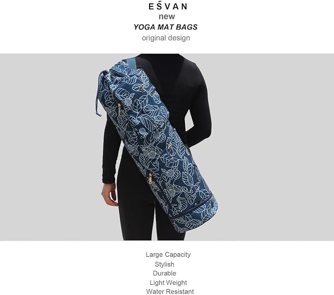 ESVAN Yoga Mat Bag with Multi Pockets Drawstring Yoga Mat Carrier Pilates Exercise Multi-Functional Storage Bag