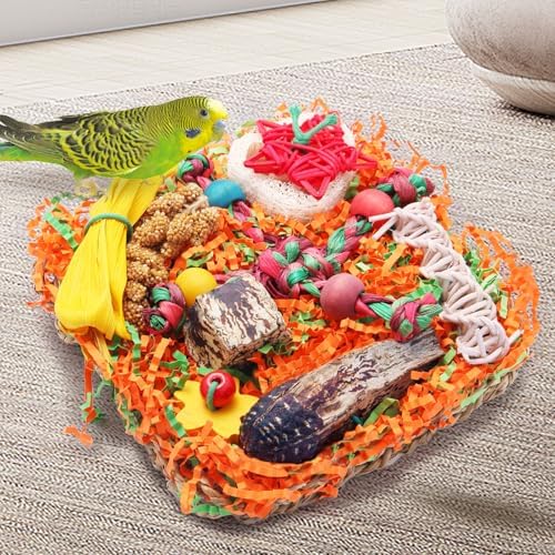 Bird Toys for Small & Medium Parrots - Natural Foraging & Shredding Cage Hanging Toys with Seagrass Mat, Starfruit, Loofah Slices for Budgies, Cockatiels, Lovebirds, Conures (2 PCS)