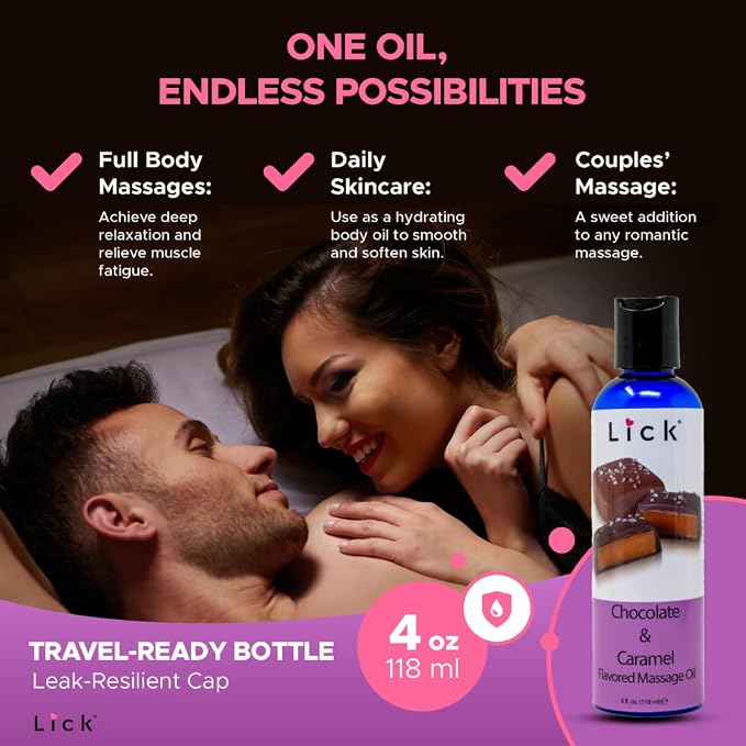 Lick Chocolate and Caramel Massage Oil – Decadent Dessert-Inspired Edible Massage Oil with Almond Oil & Vitamin E, Smooth Glide for Couples Massage, 4 oz