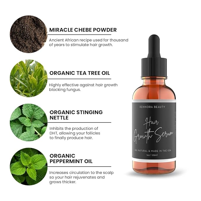 Rennora Hair Growth Serum with Organic Herbs and Natural Vitamins, Peppermint Oil, Stinging Nettle, and Rosemary Oil, No Chemicals, Formulated for Hair Regrowth (1 Pack - 30 Day Supply)