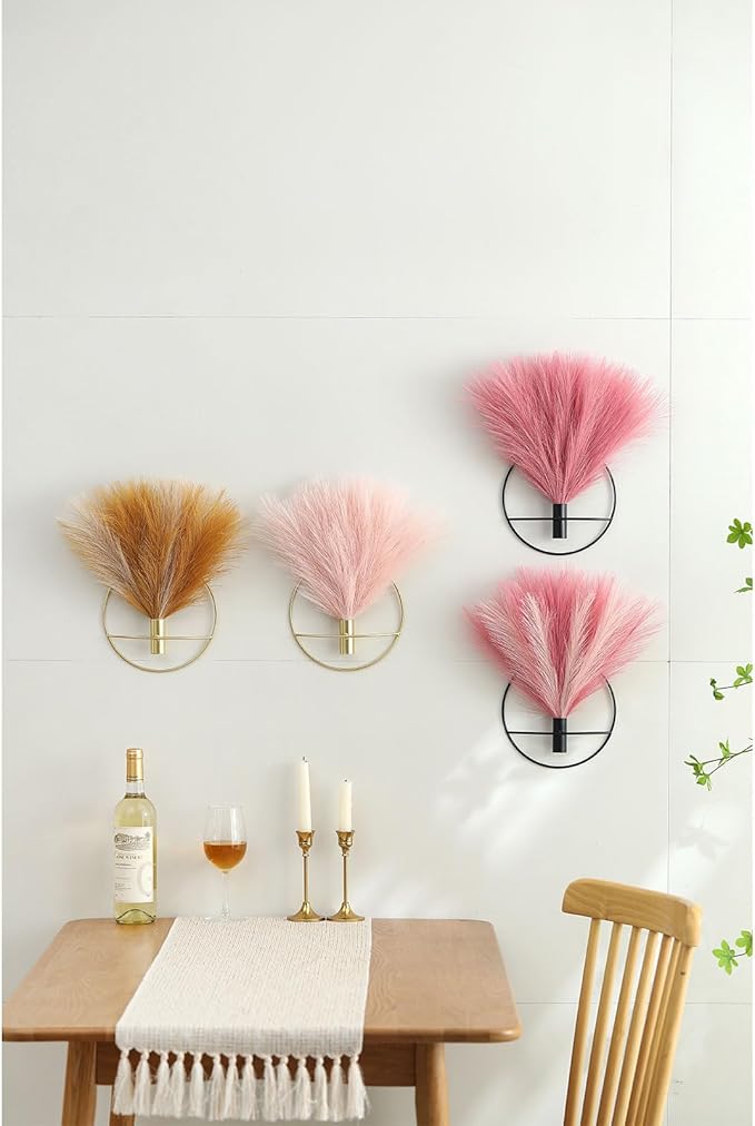 Pretty Jolly Boho Pampas Wall Decor Black Metal Wall-Mounted Art | Morden Artificial Greenery Display，2 Pack Hanging Planter For Living Room, Bedroom, Bathroom, Dining room