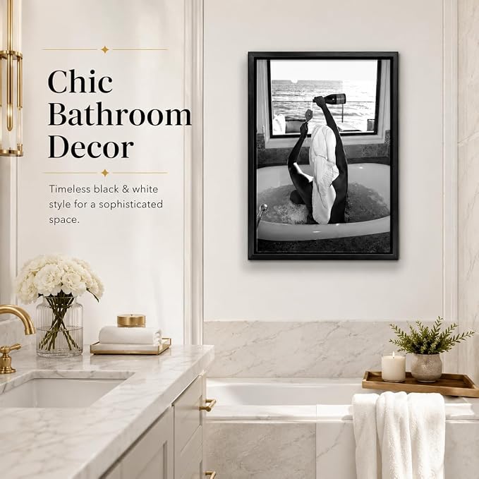 Framed Black and White Fashion Canvas Wall Art Trendy Woman Drinking Wine in Bathtub Picture Wall Decor Luxury Feminist Bathroom Poster Print for Apartment Dorm Home Decoration 12x16in