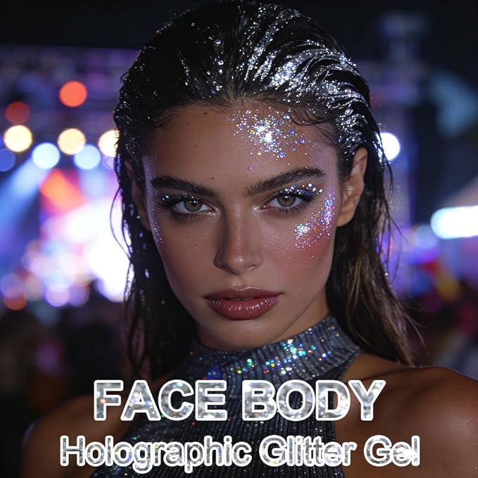 Silver Face Body Hair Glitter Gel for Women and Kids, Monochrome Holographic Mermaid Sequins Chunky Glitter Paint Makeup for Mardi Gras Halloween Festival Rave Outfits Accessories, 1.7oz, #05