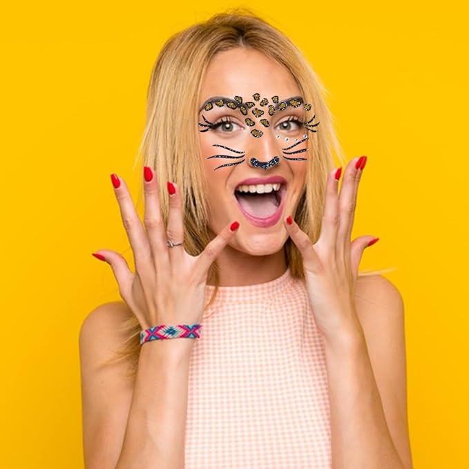 Leopard Face Tattoo Stickers Tiger Lion, Leopard Print Cat Face Gems for Women Party Birthday Cosplay Face Temporary Tattoo for Makeup 2 sheets