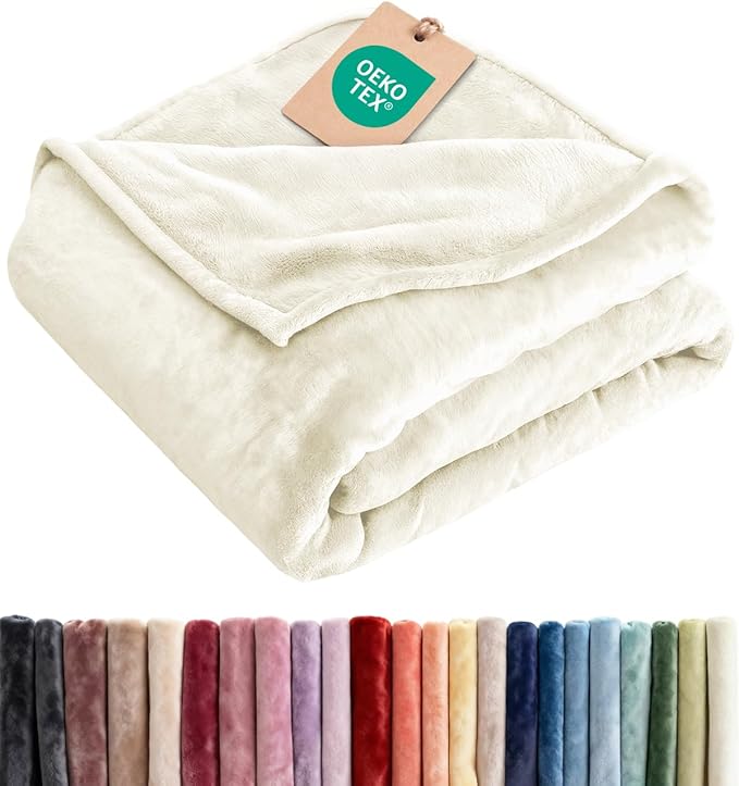 Fleece Blanket Throw XL Size - Ultra-Soft Flannel Fleece Blanket - Ivory | Soft, Warm, Outdoor Picnic Blanket for Camping, Travel, Lightweight, Cozy, Anti-Static, Home Decor Gifts for Men & Women