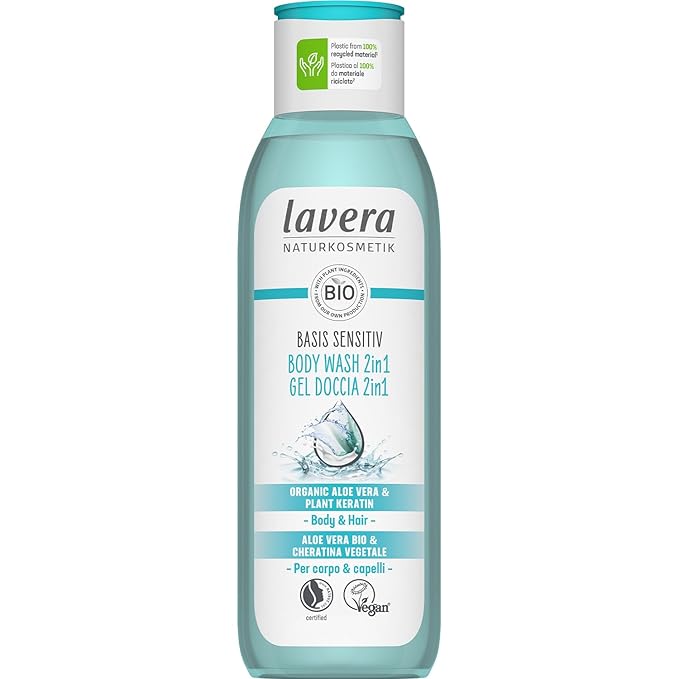 lavera basis sensitiv care shower 2in1 - gentle cleansing for skin & hair with aloe vera & plant keratin - pH-neutral - PETA certified - vegan - natural cosmetics - 8.45 fl.oz.