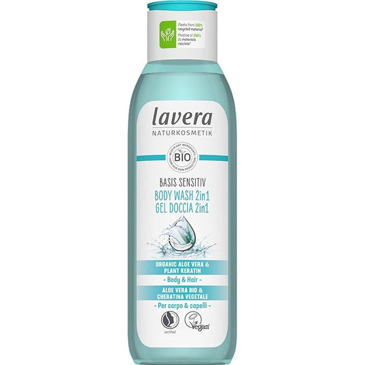 lavera basis sensitiv care shower 2in1 - gentle cleansing for skin & hair with aloe vera & plant keratin - pH-neutral - PETA certified - vegan - natural cosmetics - 8.45 fl.oz.