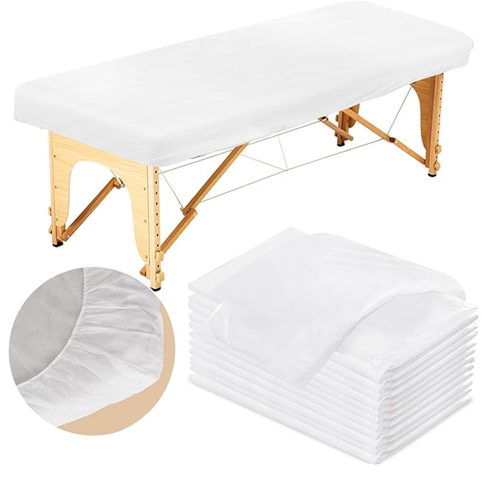 25PCS 84x35in Disposable Fitted Massage Table Sheets with Elastic, Breathable Disposable Massage Table Cover, Non Woven Fabric Spa Bed Covers, Single Use for Beauty Salon Wax Tattoo Facial Lash Bed