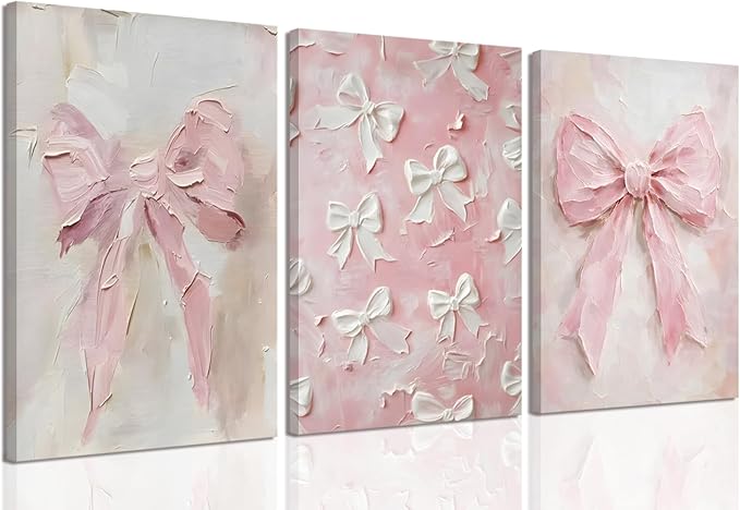Pink Bow Canvas Wall Art Set of 3 Trendy Preppy Oil Painting Posters Wall Decor Cute Coquette Print Picture Girly Aesthetic for Back to School Girls Bedroom Bathroom College Dorm 16x24 In Framed