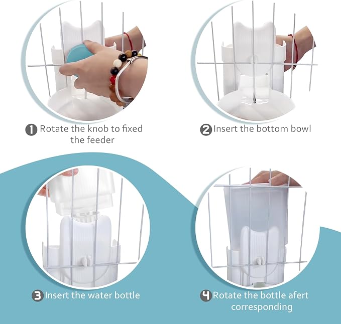 Hanging Cage Auto Pet Food Bowl Water Bottle Dispenser, 1L, Blue | Auto Gravity Pet Feeder and Waterer Set, Kennel Feeding Station, Crate Feeder Dish, For Rabbit Puppy Cats Ferret