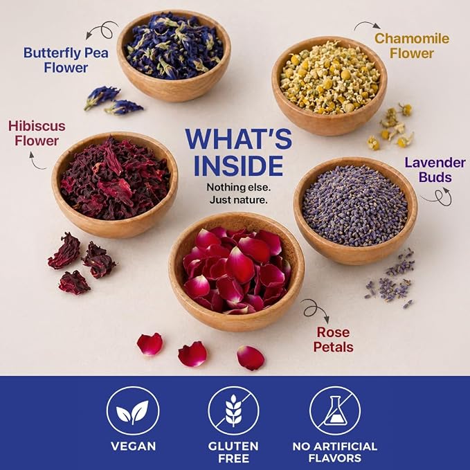 BLUE TEA - Flower Tea Combo - 5.64 Oz (Pack of 5) | Butterfly Pea, Rose, Hibiscus, Chamomile, Lavender | VARIETY PACK | Caffeine Free - Non-Bitter - Herbal Tea - Flower Based | Pet Jar Pack