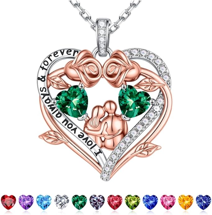 Iefil Valentines Gifts for Her Wife - 925 Sterling Silver Double Heart Birthstone Necklace, Anniversary Birthday Gifts for Women Wife Girlfriend