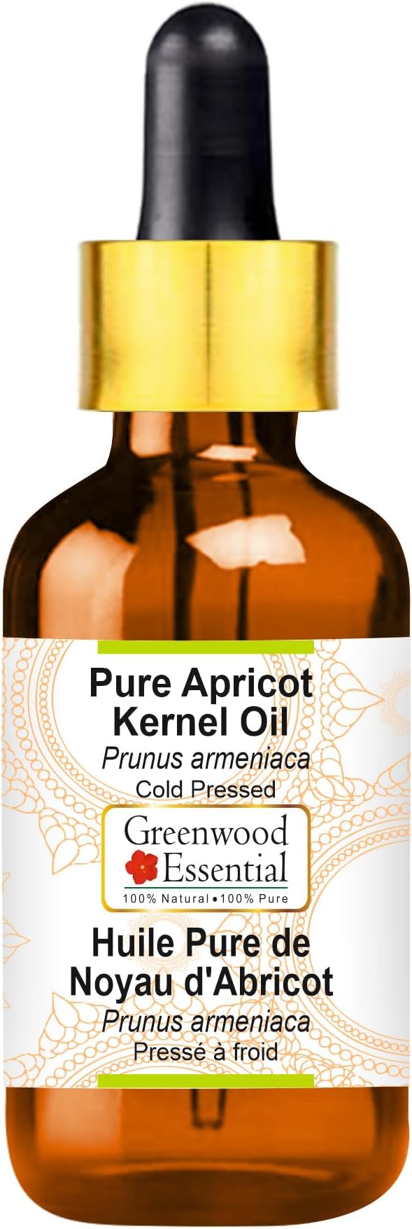 Greenwood Essential Pure Apricot Kernel Oil (Prunus armeniaca) with Glass Dropper Cold Pressed 10ml (0.33 oz)