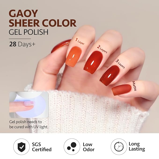GAOY Jelly Tortoise Brown Gel Nail Polish Set, 6 Transparent Colors Dark Red Orange Pumpkin Soak Off UV Light Cure Gel Polish Kit for Salon and Nail Art DIY at Home