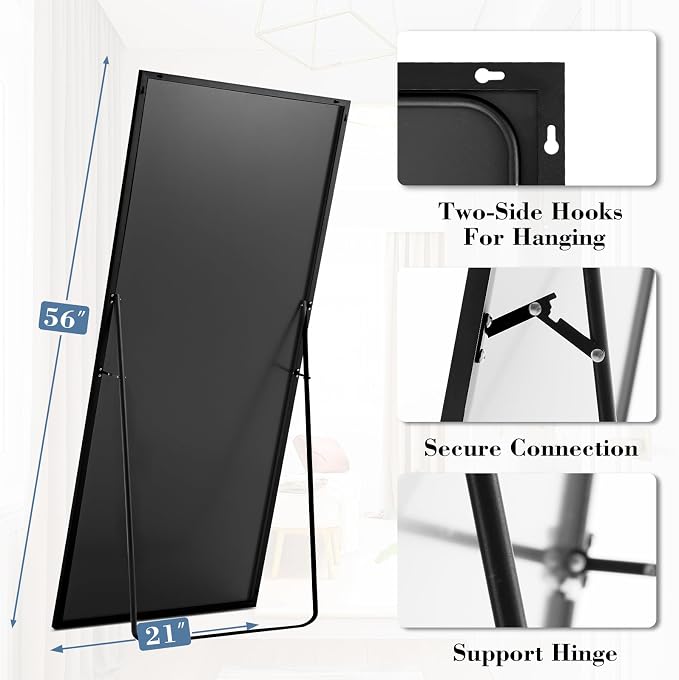 DUMOS 64"x21" Full Length Mirror with Stand, Full Body Floor Mirror | Free Standing or Wall Mount, Nano Glass Aluminum Frame, Hanging or Leaning, Modern Simple Home Decor, Black