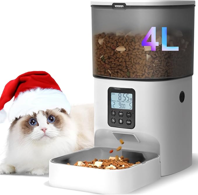 Automatic Cat Feeder, 4L Cat Food Dispenser with 10s Voice Recorder, Pet Feeder up to 8 Meals per Day, Timed Dog Feeder with Dry Food Sealed Ring