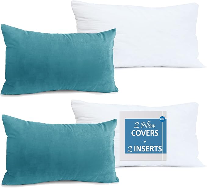 Throw Pillow Inserts Pack of 2 with Velvet Soft Solid Decorative Square Throw Pillow Covers Set for Sofa Couch Car Bedroom, 12X20 Throw Pillows Inserts with 12x18 Washable Cushion Covers, Beach Blue