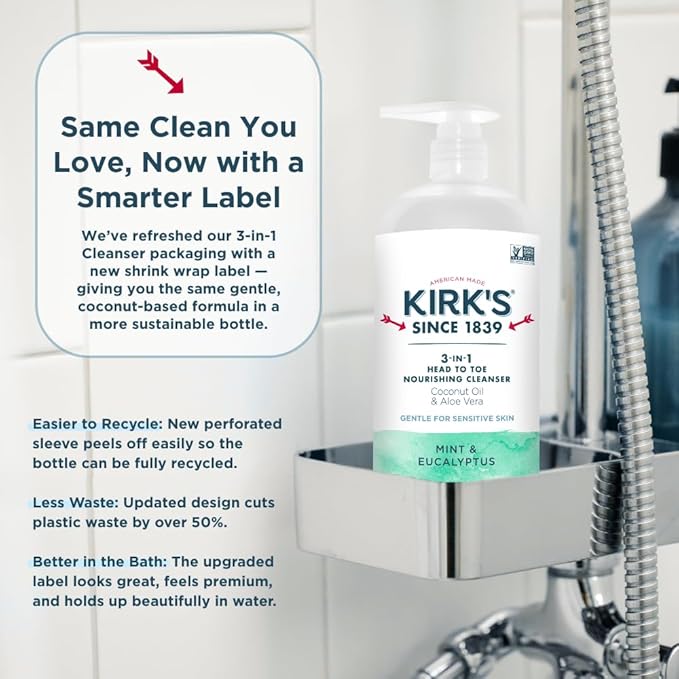 Kirk's 3-in-1 Head to Toe Nourishing Liquid Cleanser - for Men, Women, & Children - Premium Coconut Oil & Aloe Vera - Non GMO & Vegan - Mint and Eucalyptus - 32 Fl Oz. 2 pack