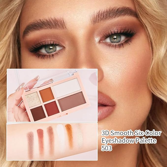 Eyeshadow Palette - 6 Color Neutral Eyeshadow, Nude Pink & Brown, Matte & Shimmer, Highly Pigmented, Blendable, Travel-Friendly Everyday Makeup, 01-3#