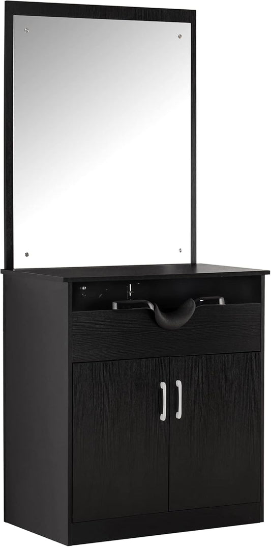 BarberPub Backwash Shampoo Bowl Sink Chair Station with Mirror Salon Styling Cabinet Spa Equipment 3130 (Black)