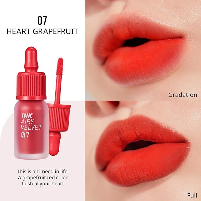 Peripera Ink Airy Velvet Lip Tint | High-Pigmentation, Lightweight, Soft, Moisturizing, Not Animal Tested (007 HEART GRAPEFRUIT (NEW))