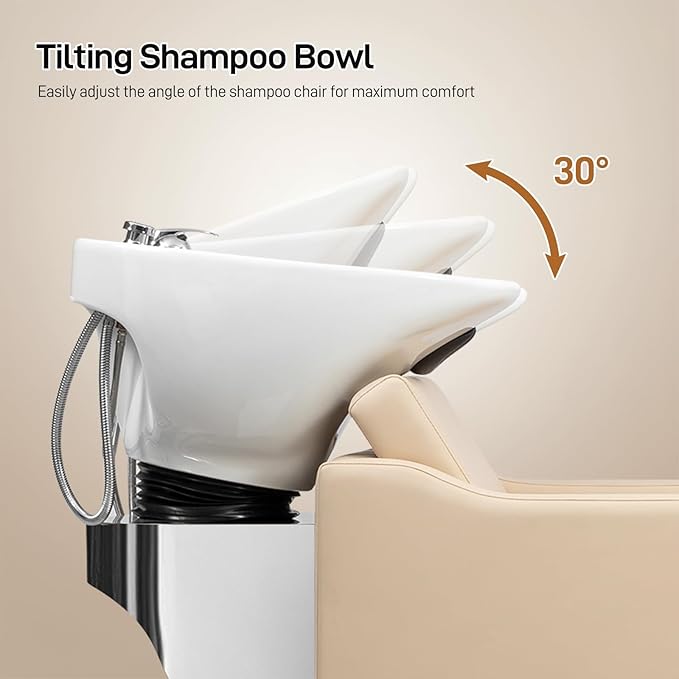 Winado Shampoo Backwash Barber Chair with Ceramic Hair Wash Bowl Sink, Adjustable Leg Baffle, Reclining Shampoo Station Chair for Barbershop Beauty Spa Massage Hairdressing Equipment, Beige