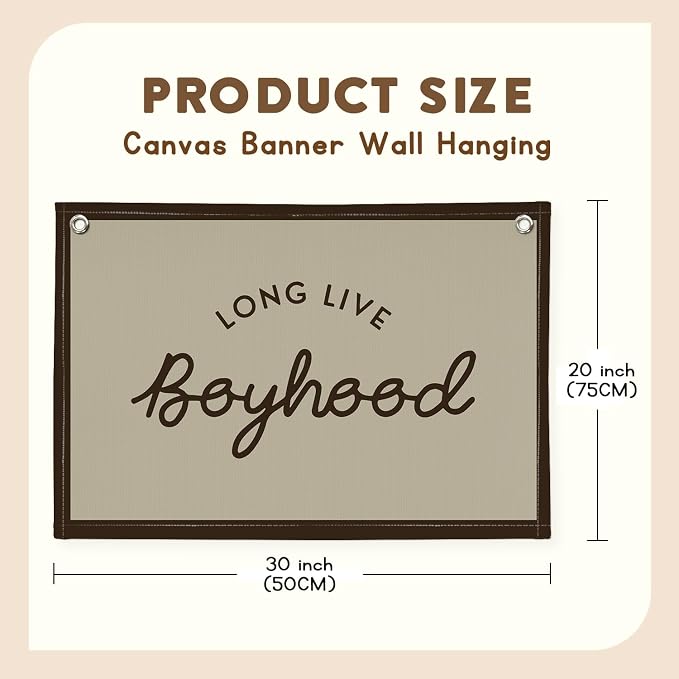 Vintage Boys Room Decor Long Live Boyhood Linen Banner,Nursery Playroom Wall Decor Hanging Flag Banner, Kids Bedroom Living Room Dorm Toddler Decorations Trendy Room 30x20 boyroom