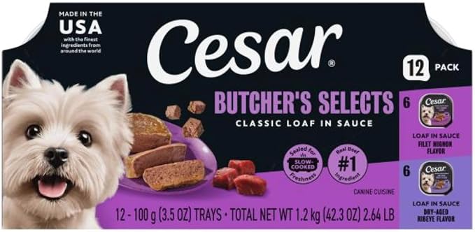 Cesar Classic Loaf in Sauce Wet Dog Food Butcher's Selects Variety Pack, Dry-Aged Ribeye Flavor and Filet Mignon Flavor, 3.5 oz. Easy Peel Trays, Variety Pack (12 Count, Pack of 1)