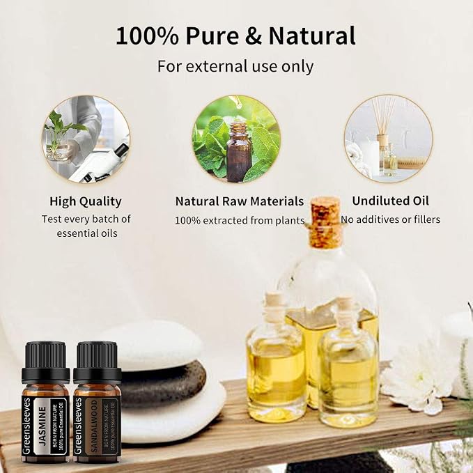 GREENSLEEVES Sandalwood Jasmine Essential Oil Set, 2 x 10ml Pure Plant-Based Fragrance Oil for Aromatherapy, Essential Oils for Diffuser, Massage, Bath Bomb, Scented Candle Soap Making