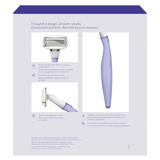 Flamingo Razors for Women, 1 Women's Razor Handle (Lilac), 13 Razor Five-Blade Refills, and 1 Shower Holder