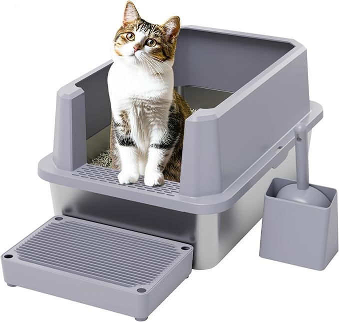 RIZZARI Open Cat Litter Box: Stainless, High Sided, Easy Clean | Spacious for Large Cats / 304 Stainless Anti-Odor / 6.5" Splash Guard / Leak-Proof Seams / Apartments & Laundry