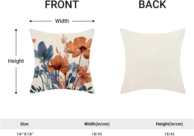 Fall Blue Orange Floral Throw Pillow Covers 18x18 Inches Set of 2 | Spring Summer Flower Pillow Covers Outdoor Rustic Decor Pillowcase Farmhouse Decorative Cushion Cover For Home Sofa
