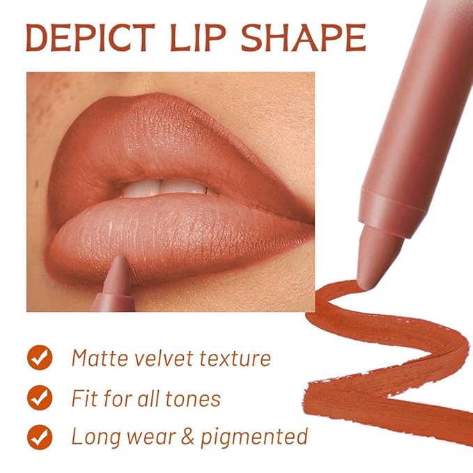 Chestnut Brown Matte Lip Liner Pencil – Smooth & Moisturizing Lip Pencil for Precise Contour, Rich Color Payoff, Lightweight Everyday Lip Makeup, Twist-Up Design,08#