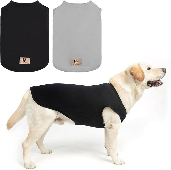 Boy Dog Clothes for Large Dogs, 2 Pack Cotton Summer Dog T Shirts UV & Insect Protection for Outdoor Camping, Anti-Hair Loss & Breathable Sleeveless Pet Vest Tank Tops Apparel, Black & Grey,L