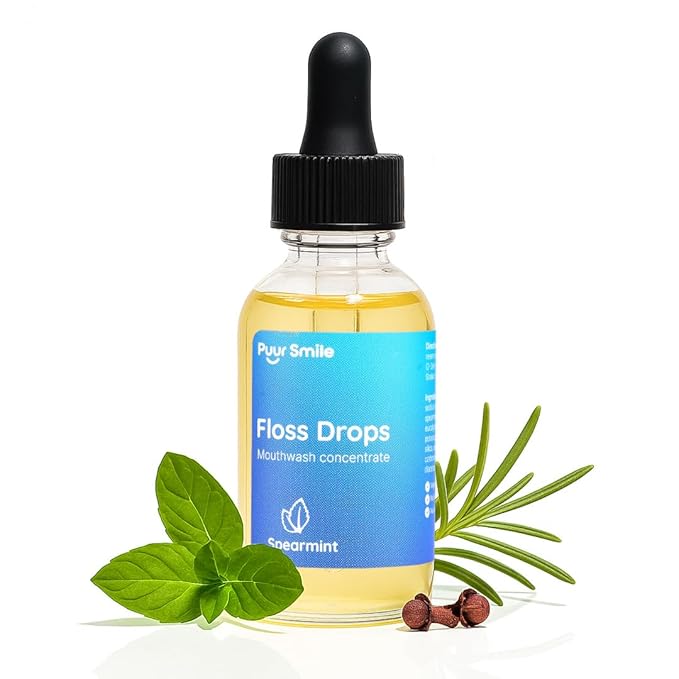 Puur Smile Concentrated Floss Drop Serum – 2oz Concentrated Mouth Wash to Use in Water Flosser | Natural Essentials Promotes Good Breath | Organic Spearmint Drop Supports Good Oral Health