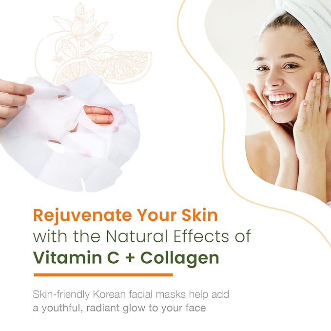Vitamin C & Collagen Sheet Face Mask - Brightening, Anti-Aging, Skin Nourishing, Moisturizing, Dermatologist Tested, Cruelty Free Korean Skin Care For All Skin Types - 20 Masks