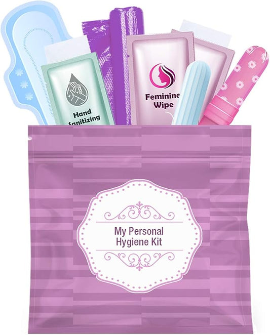 Menstrual Kit All-in-One | Convenience on the Go | Single Period Kit Pack for Travelling, Tweens & Teenagers or Emergency situations | Individually Wrapped Feminine Hygiene Products (Purple)