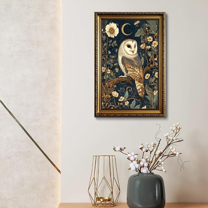 William Morris Gold Framed Wall Art Vintage Woodland Barn Owl Wall Decor | Cottagecore Botanical Animal Pictures Canvas Art Moody Dark Academia Framed Prints Artwork for Bedroom Bookshelf Gallery Wall