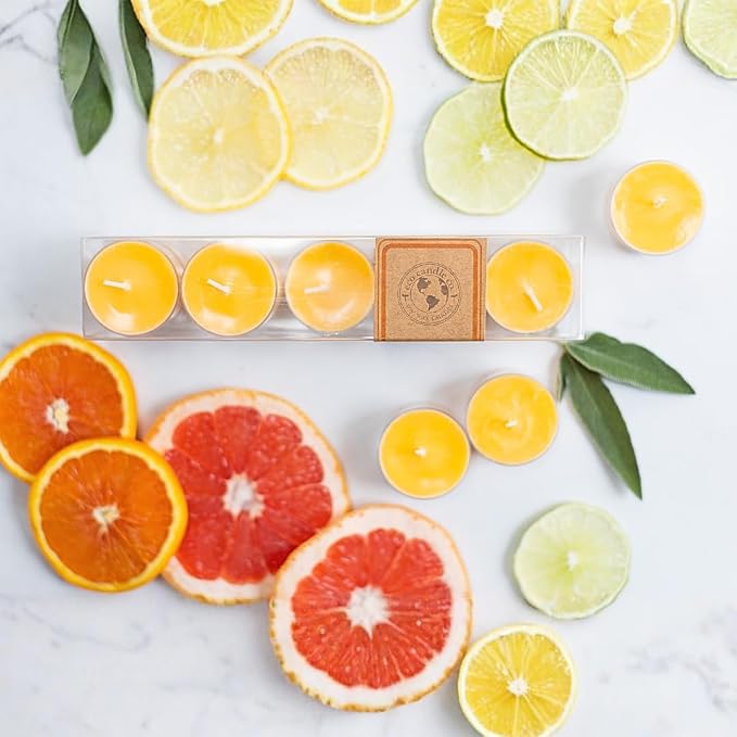 Eco Candle Co. Citrus Squeeze Tea Light Candles, 10-Pack, 9 Hr Burn Time | Scents of Sweet Orange, Tangerine, Pink Grapefruit, Lemon, Lime, No Pthalates, Made in USA, No Lead